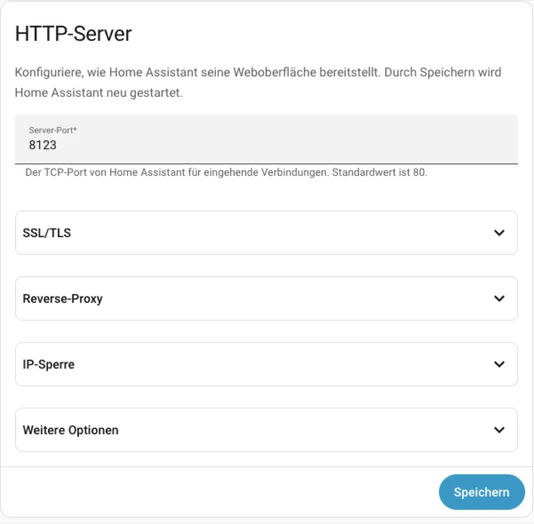 Der neue Bereich HTTP-Server. Port, SSL, Reverse-Proxy und IP-Sperre stehen jetzt in der Oberfläche statt in d