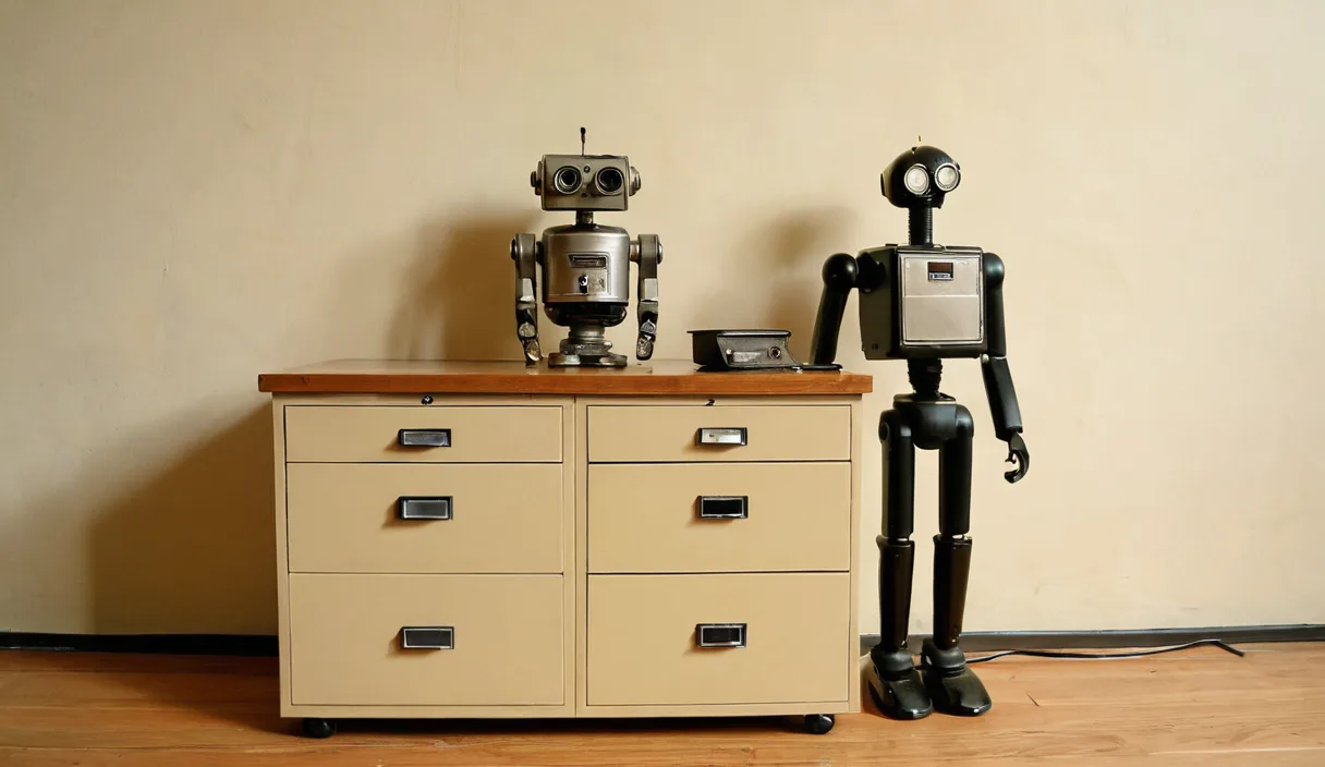 Ein Roboter steht zwischen einem alten Karteischrank und einem neuen Aktenschrank
