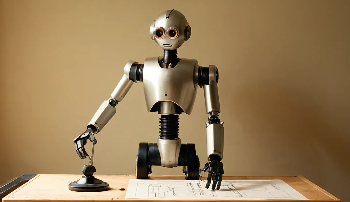 Ein Roboter steht an einem Zeichentisch und zeigt auf ein Maß in einer technischen Zeichnung