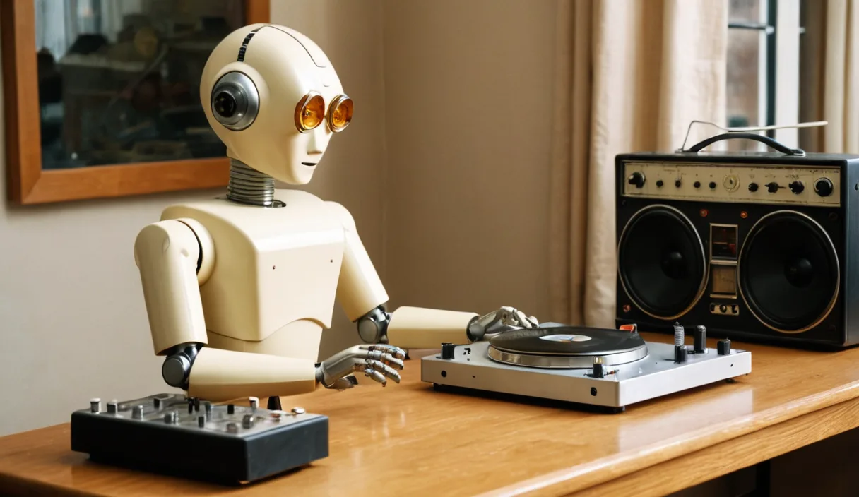 Ein Roboter stellt an einem alten Radioempfaenger, im Raum stehen mehrere Lautsprecher