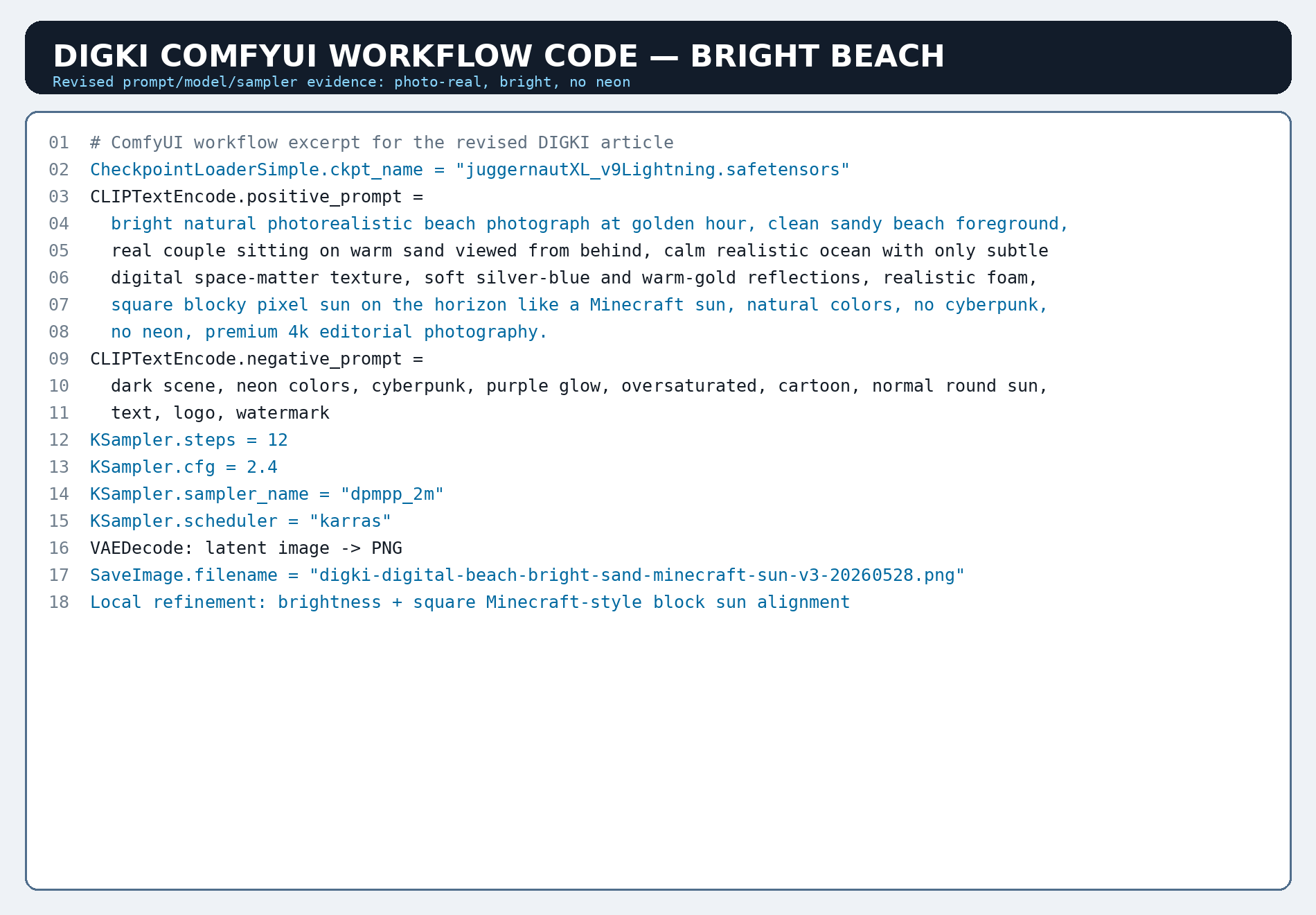 Code Screenshot des helleren ComfyUI Workflow Prompts und KSampler Parameters