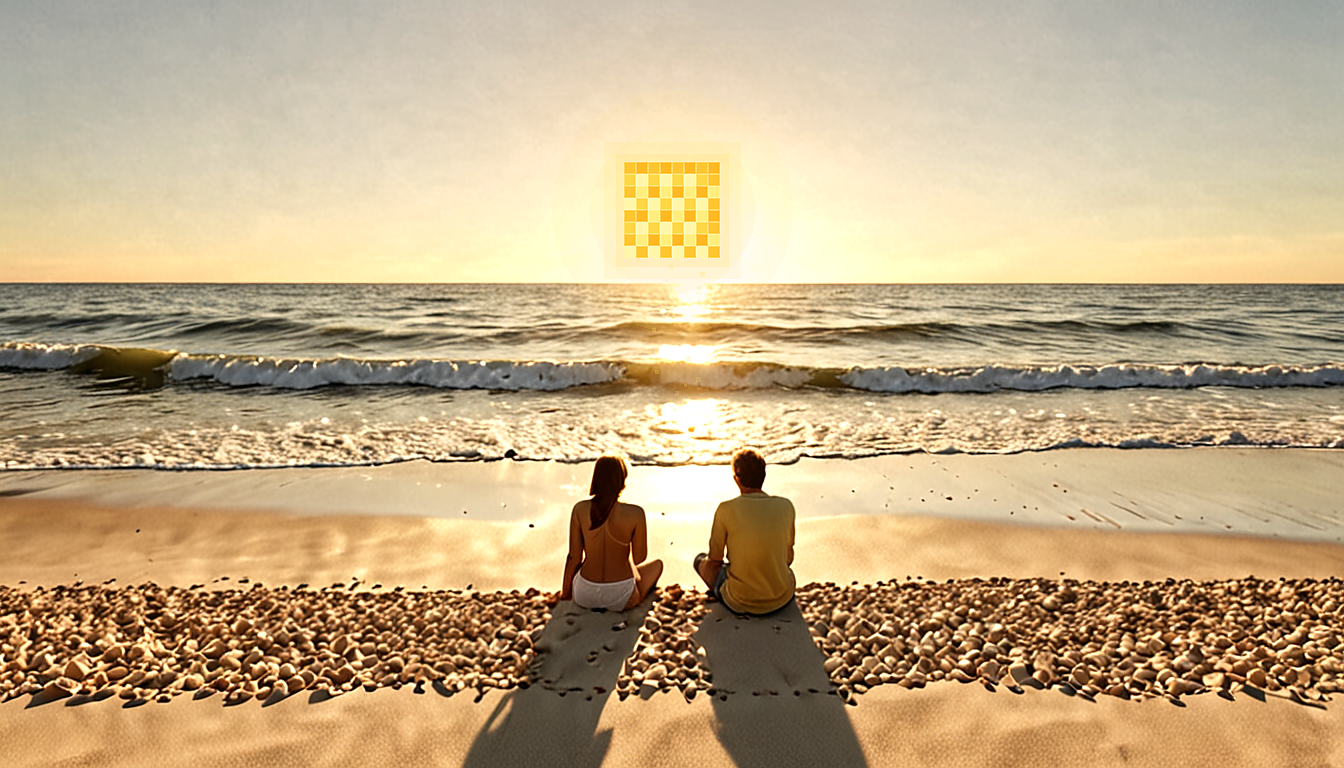 Helles fotorealistisches Paar am Sandstrand vor natürlichem Meer mit eckiger Minecraft-Sonne